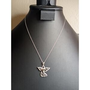 925 Sterling Silver Filigree Angel W/ 10K Yellow Gold Heart Pendant 18" Necklace